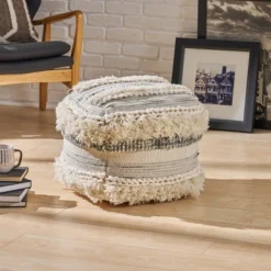 Cacey Boho Wool Pouf Ivory - Christopher Knight Home