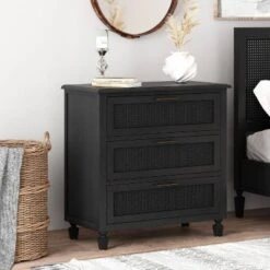 Newell Rustic Acacia Wood And Cane 3 Drawer Dresser Dark Gray - Christopher Knight Home