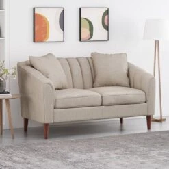 Gamay Contemporary Channel Stitched Fabric Loveseat Beige/Dark Walnut - Christopher Knight Home