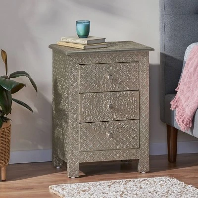 Deschutes Handcrafted Boho 3 Drawer Nightstand Silver - Christopher Knight Home