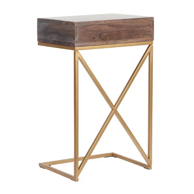 Bucyrus Rustic Glam Handcrafted Acacia Wood C Shaped Side Table Dark Brown/Gold - Christopher Knight Home - Image 3