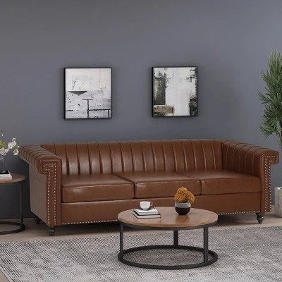 Drury Contemporary Channel Stitch 3 Seater Sofa With Nailhead Trim - Christopher Knight Home