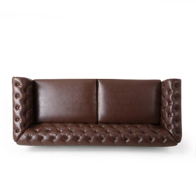 Castalia Chesterfield Tufted 3 Seater Sofa With Nailhead Trim Dark Brown/Natural - Christopher Knight Home - Image 5