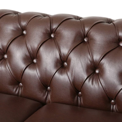 Castalia Chesterfield Tufted 3 Seater Sofa With Nailhead Trim Dark Brown/Natural - Christopher Knight Home - Image 7