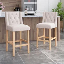 Set Of 2 Lansglen Button Tufted Wingback Barstools - Christopher Knight Home