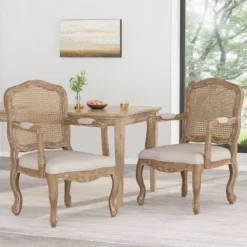 Set Of 2 Andrea French Country Wood And Cane Upholstered Dining Armchairs - Christopher Knight Home