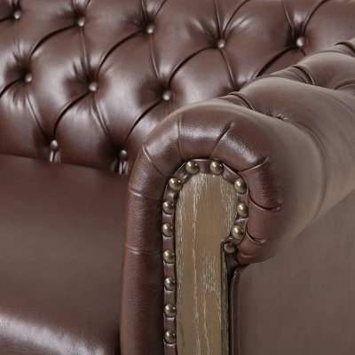 Castalia Chesterfield Tufted 3 Seater Sofa With Nailhead Trim Dark Brown/Natural - Christopher Knight Home - Image 8