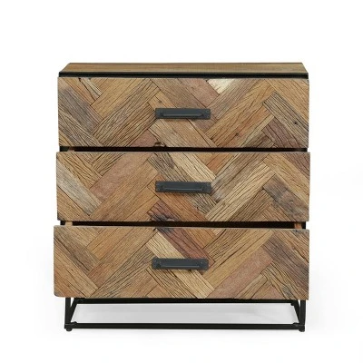 Burdine Handcrafted Boho Wood 3 Drawer Cabinet Natural/Black - Christopher Knight Home - Image 3