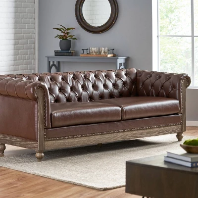 Castalia Chesterfield Tufted 3 Seater Sofa With Nailhead Trim Dark Brown/Natural - Christopher Knight Home