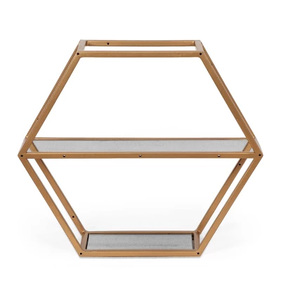17" Lepley Modern Glam Handcrafted Glass 2 Shelf Hexagonal Decorative Shelf Antique Gold - Christopher Knight Home