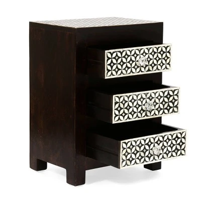 Benewah Handcrafted Boho 3 Drawer Mango Wood Nightstand Dark Walnut/Black/White - Christopher Knight Home - Image 2