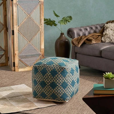 Oyabe Boho Cube Pouf Beige/Teal - Christopher Knight Home