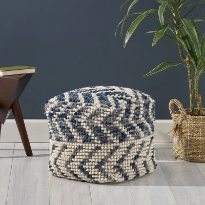 Freesia Boho Wool And Cotton Large Ottoman Pouf White/Blue - Christopher Knight Home - Image 6