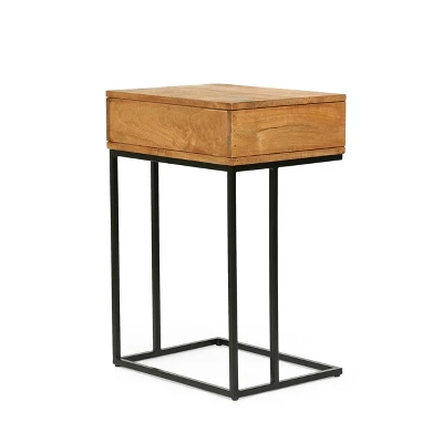 Gaudet Modern Industrial Handmade Mango Wood C Shaped Side Table With Drawer Natural/Black - Christopher Knight Home - Image 2