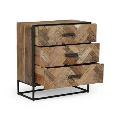 Burdine Handcrafted Boho Wood 3 Drawer Cabinet Natural/Black - Christopher Knight Home - Image 2