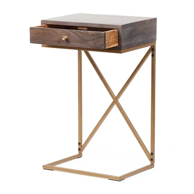 Bucyrus Rustic Glam Handcrafted Acacia Wood C Shaped Side Table Dark Brown/Gold - Christopher Knight Home - Image 2