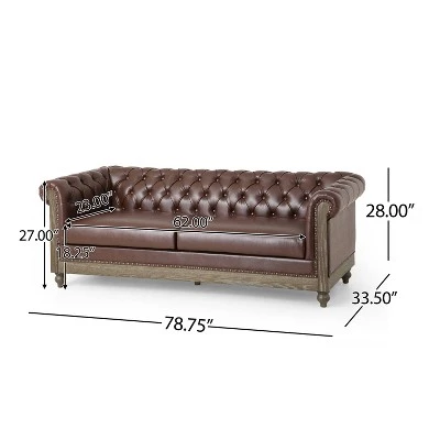 Castalia Chesterfield Tufted 3 Seater Sofa With Nailhead Trim Dark Brown/Natural - Christopher Knight Home - Image 2
