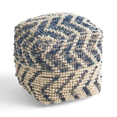 Freesia Boho Wool And Cotton Large Ottoman Pouf White/Blue - Christopher Knight Home - Image 2